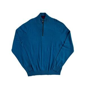 1-33 QI CASHMERE Men's Sweater Zip-Henley Teal 100% Cashmere Large